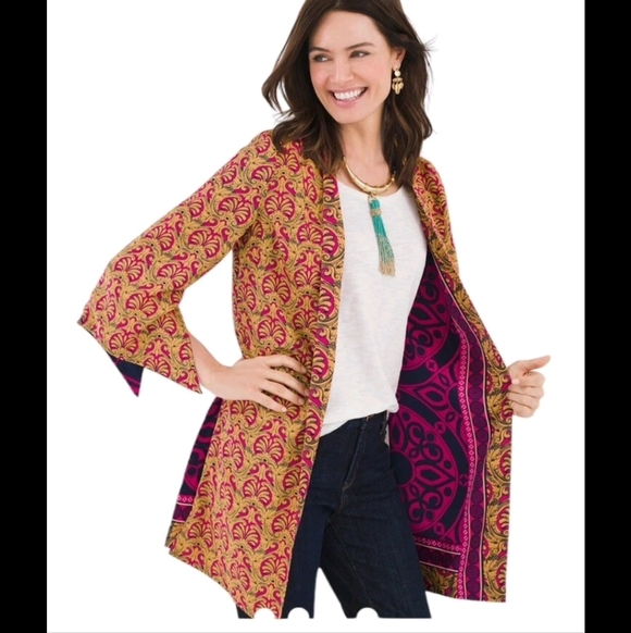 Chicos Reversible Ornate Printed Kimono  Jacket Size L/XL Color Pink Purple EUC - Picture 3 of 15